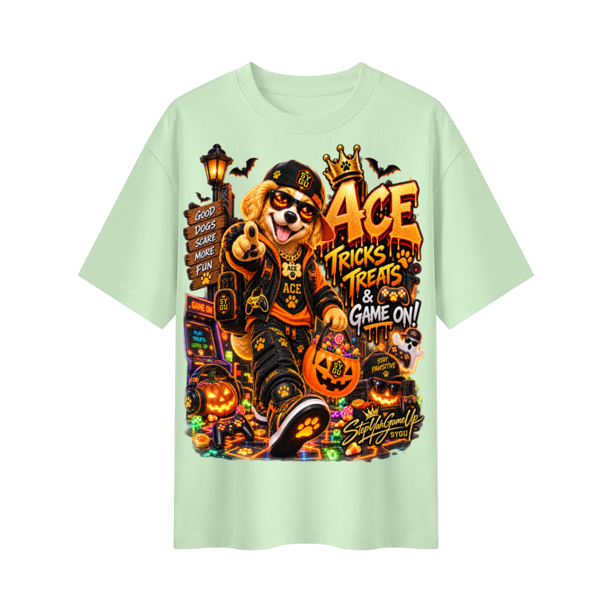 StepYahGameUp Halloween Gamer Oversized Graphic T-Shirt - Tricks, Treats & Game On! - Unisex