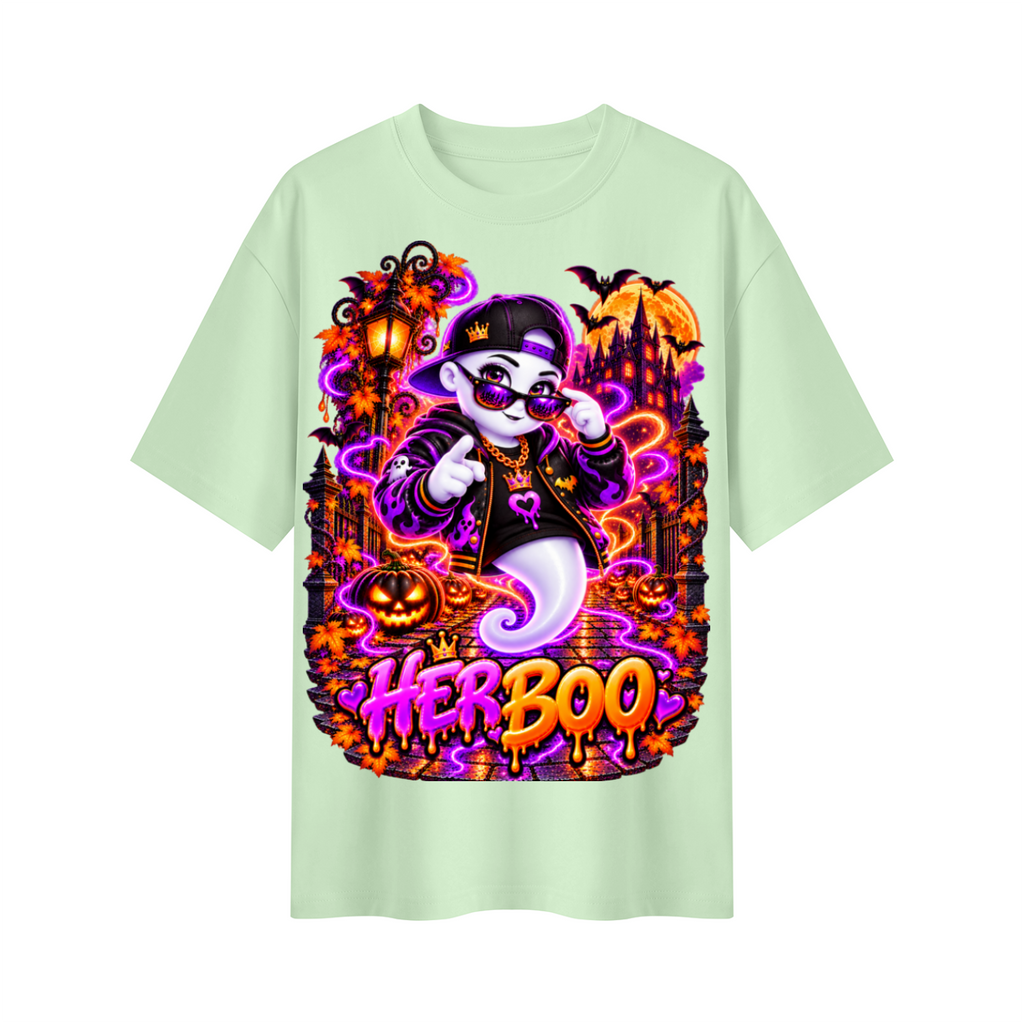 Halloween Her Boo Ghost Oversized Graphic T-Shirt - Couples Halloween Tee - Unisex