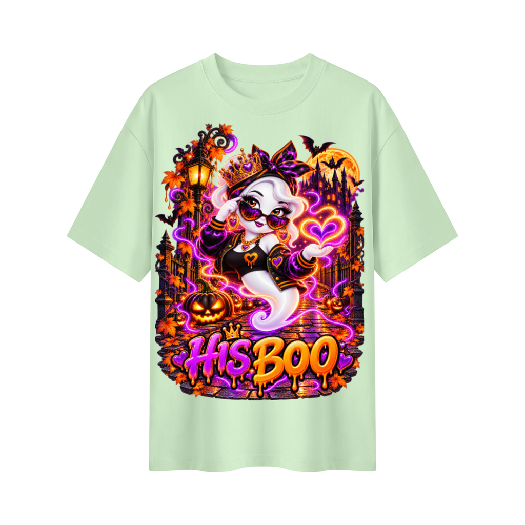 Halloween His Boo Ghost Oversized Graphic T-Shirt - Couples Halloween Tee - Unisex