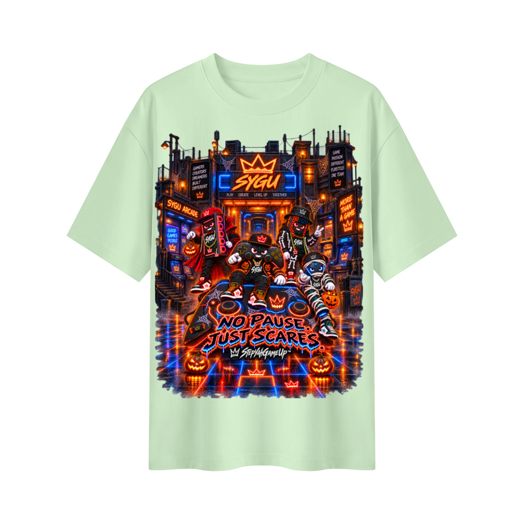 StepYahGameUp™ Halloween Gamer Oversized Graphic T-Shirt - No Pause Just Scares - Unisex