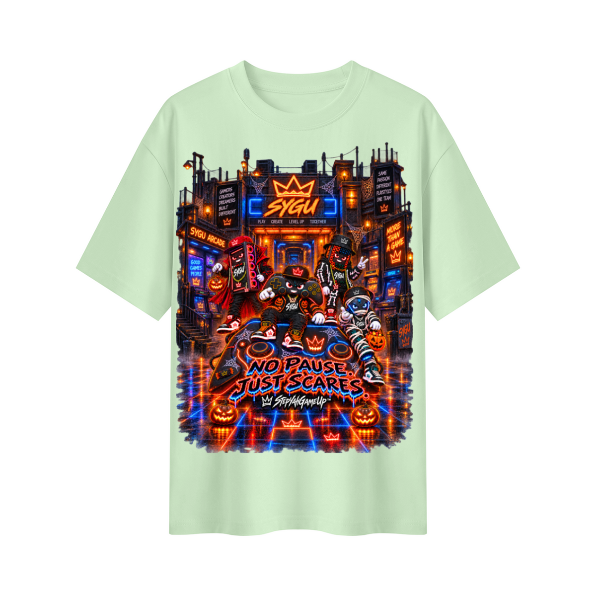 StepYahGameUp™ Halloween Gamer Oversized Graphic T-Shirt - No Pause Just Scares - Unisex