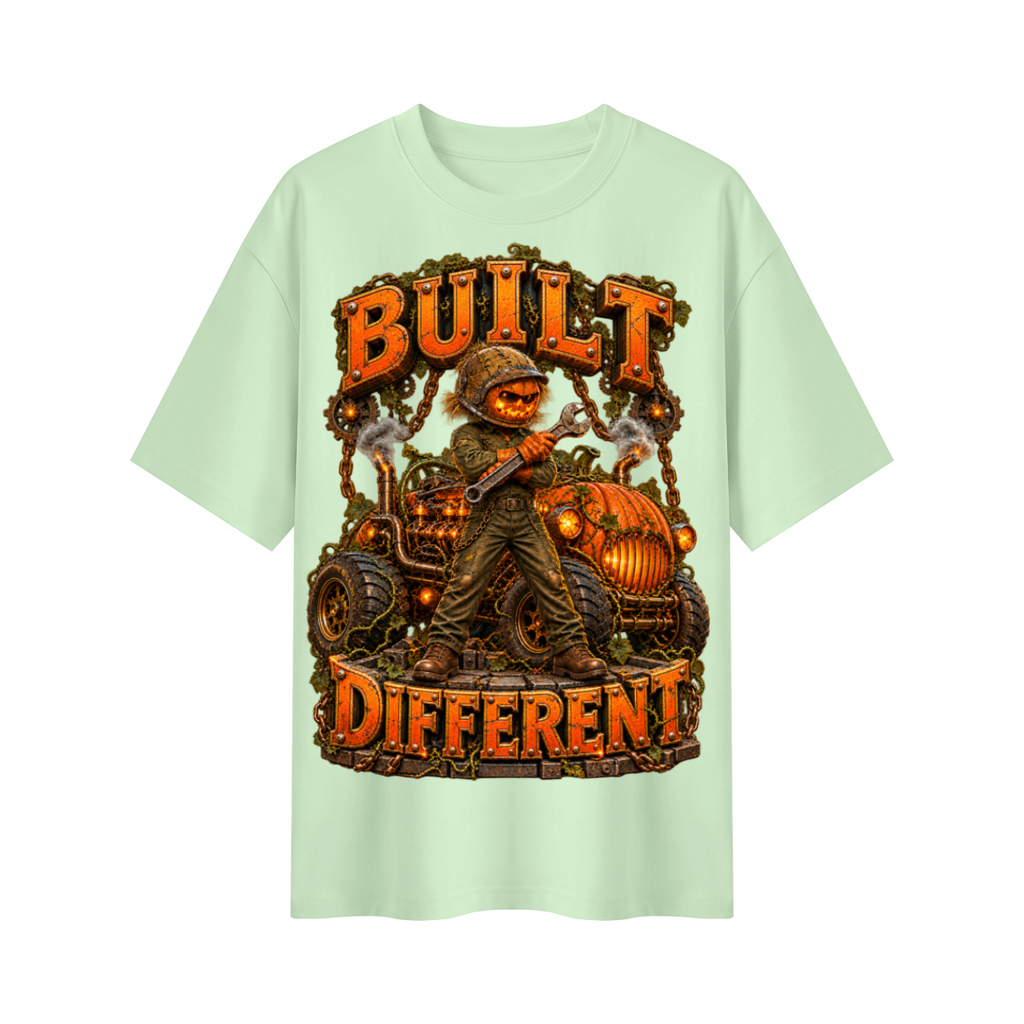 Halloween Built Different Pumpkin Mechanic Oversized Graphic T-Shirt - Unisex