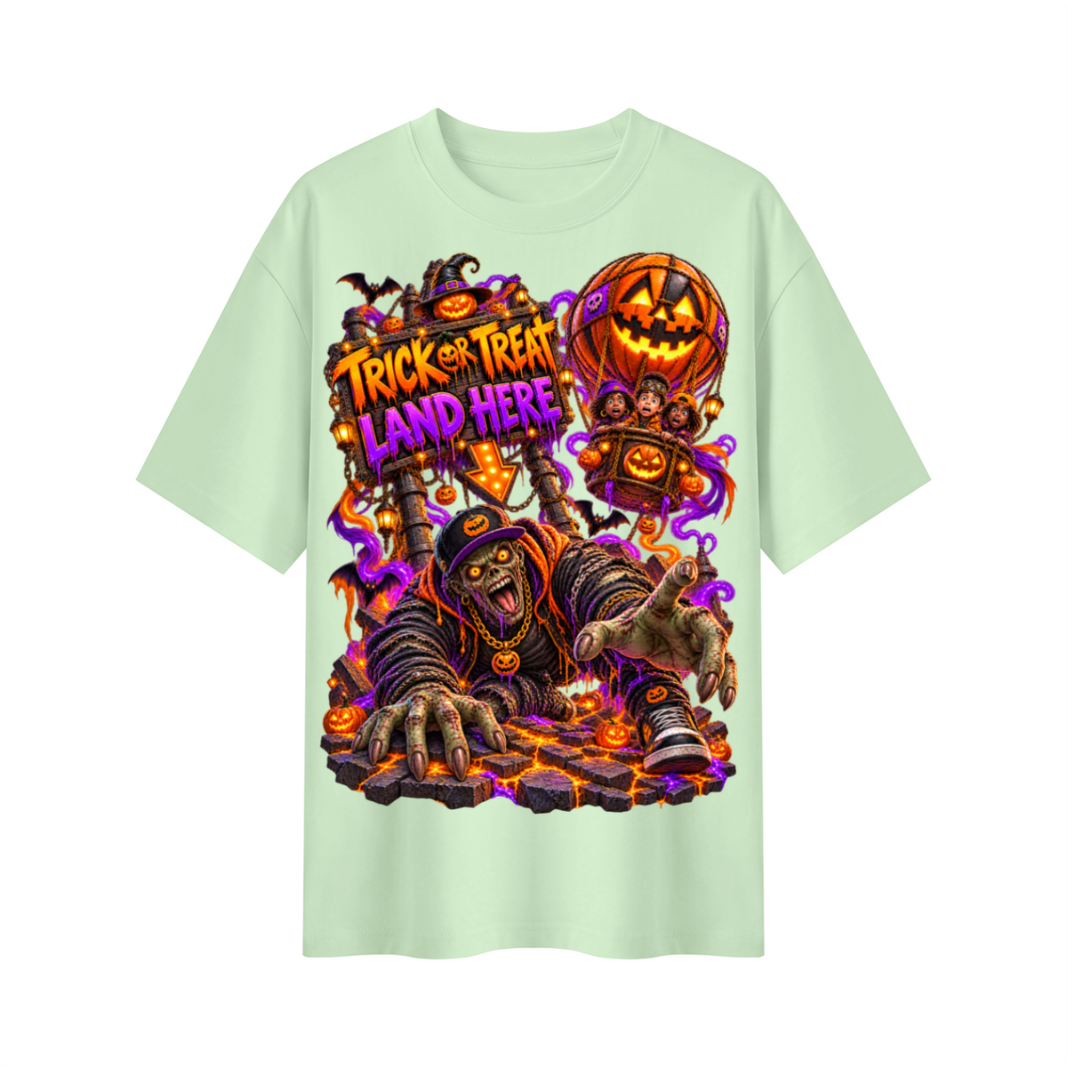Halloween Trick or Treat Land Here Oversized Graphic T-Shirt - Wrong Place to Land - Unisex