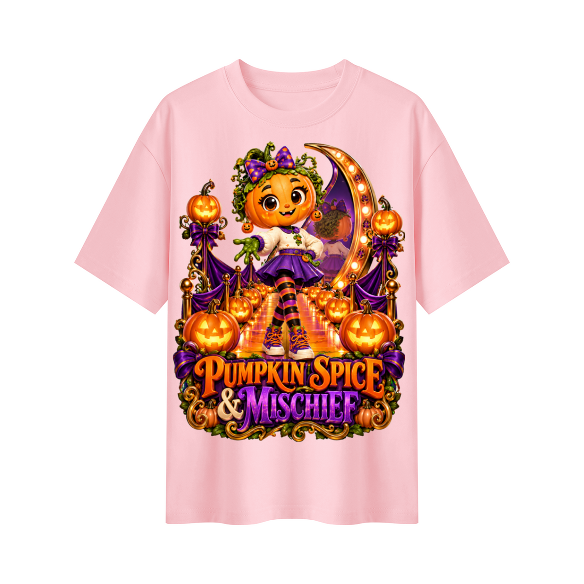 Halloween Pumpkin Girl Oversized Graphic T-Shirt - Pumpkin Spice & Mischief - Unisex