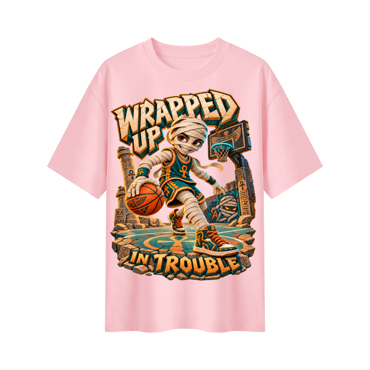 Halloween Mummy Basketball Oversized Graphic T-Shirt - Wrapped Up in Trouble - Unisex