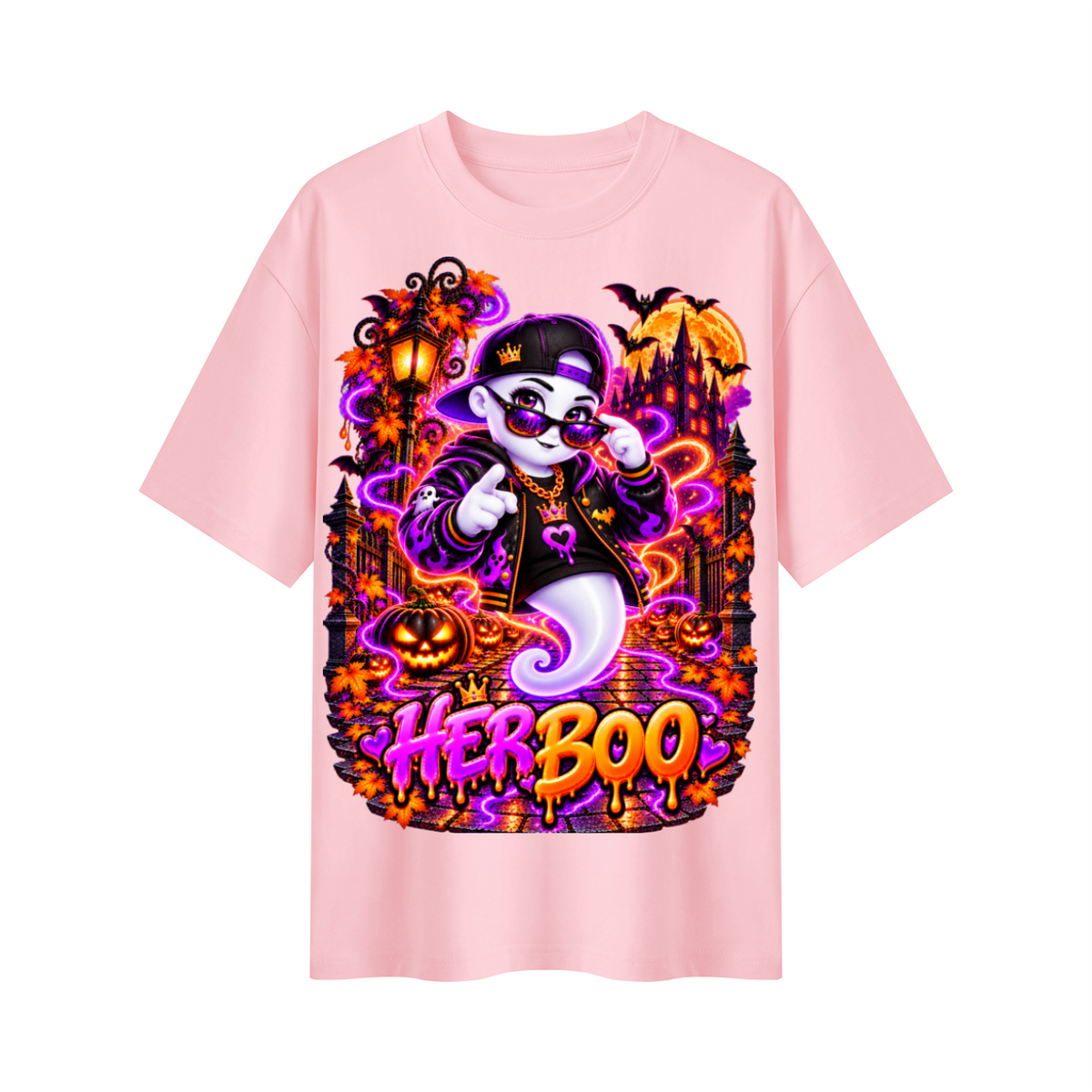 Halloween Her Boo Ghost Oversized Graphic T-Shirt - Couples Halloween Tee - Unisex