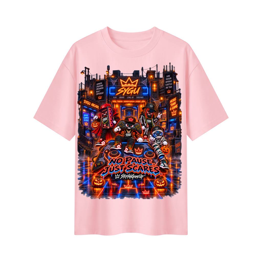 StepYahGameUp™ Halloween Gamer Oversized Graphic T-Shirt - No Pause Just Scares - Unisex