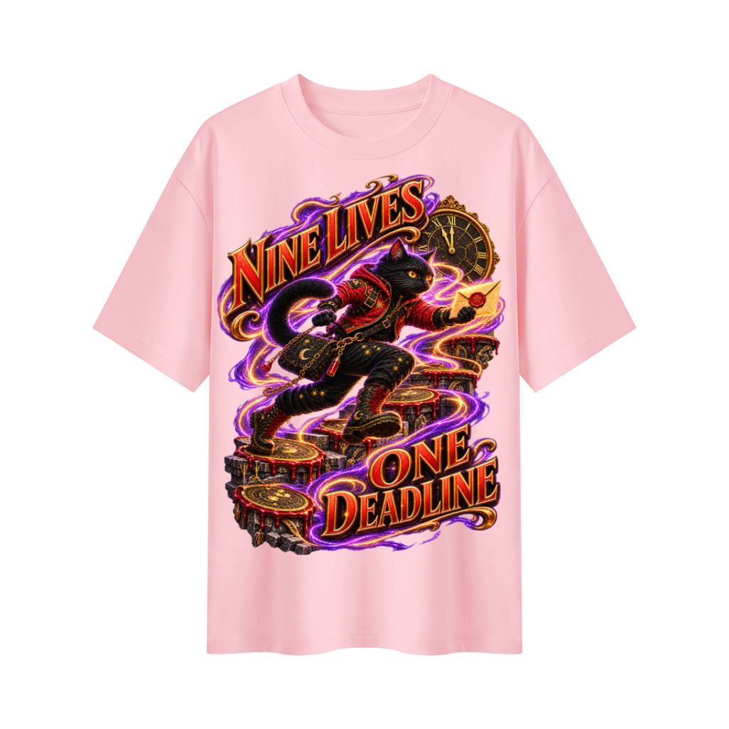 Halloween Nine Lives One Deadline Black Cat Oversized Graphic T-Shirt - Unisex