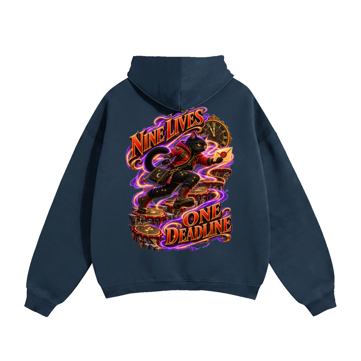 Halloween Black Cat Front & Back Graphic Hoodie - Nine Lives One Deadline - Unisex