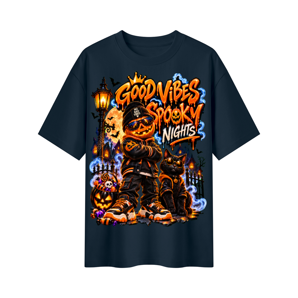Halloween Pumpkin Kid Oversized Graphic T-Shirt - Good Vibes Spooky Nights - Unisex