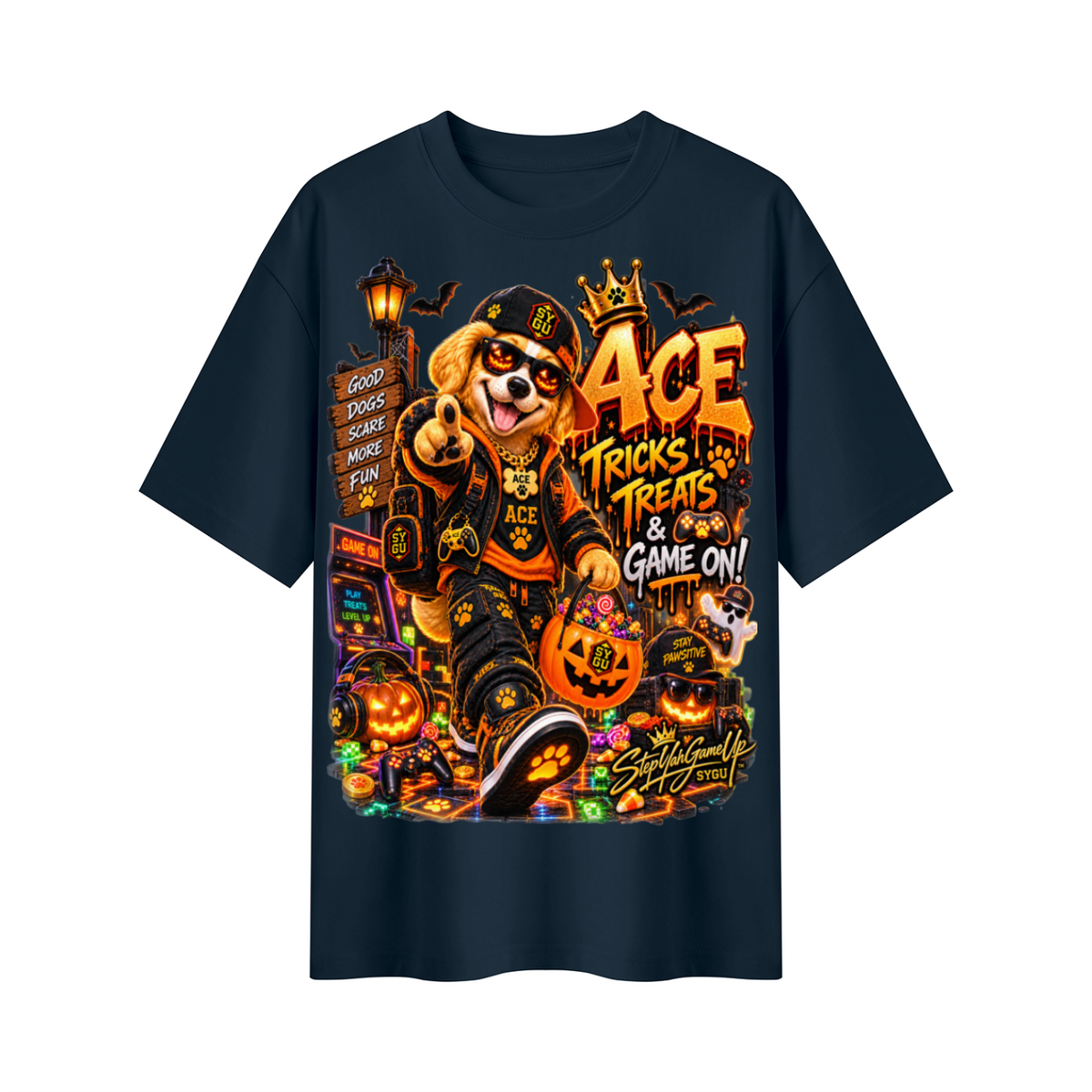 StepYahGameUp Halloween Gamer Oversized Graphic T-Shirt - Tricks, Treats & Game On! - Unisex