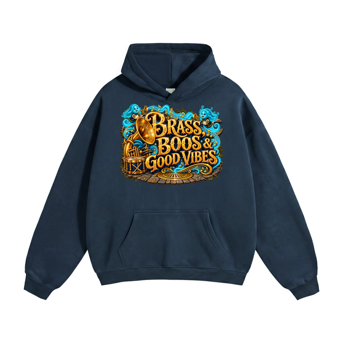 Halloween Brass, Boos & Good Vibes Front & Back Graphic Hoodie - Bring the Boom - Unisex