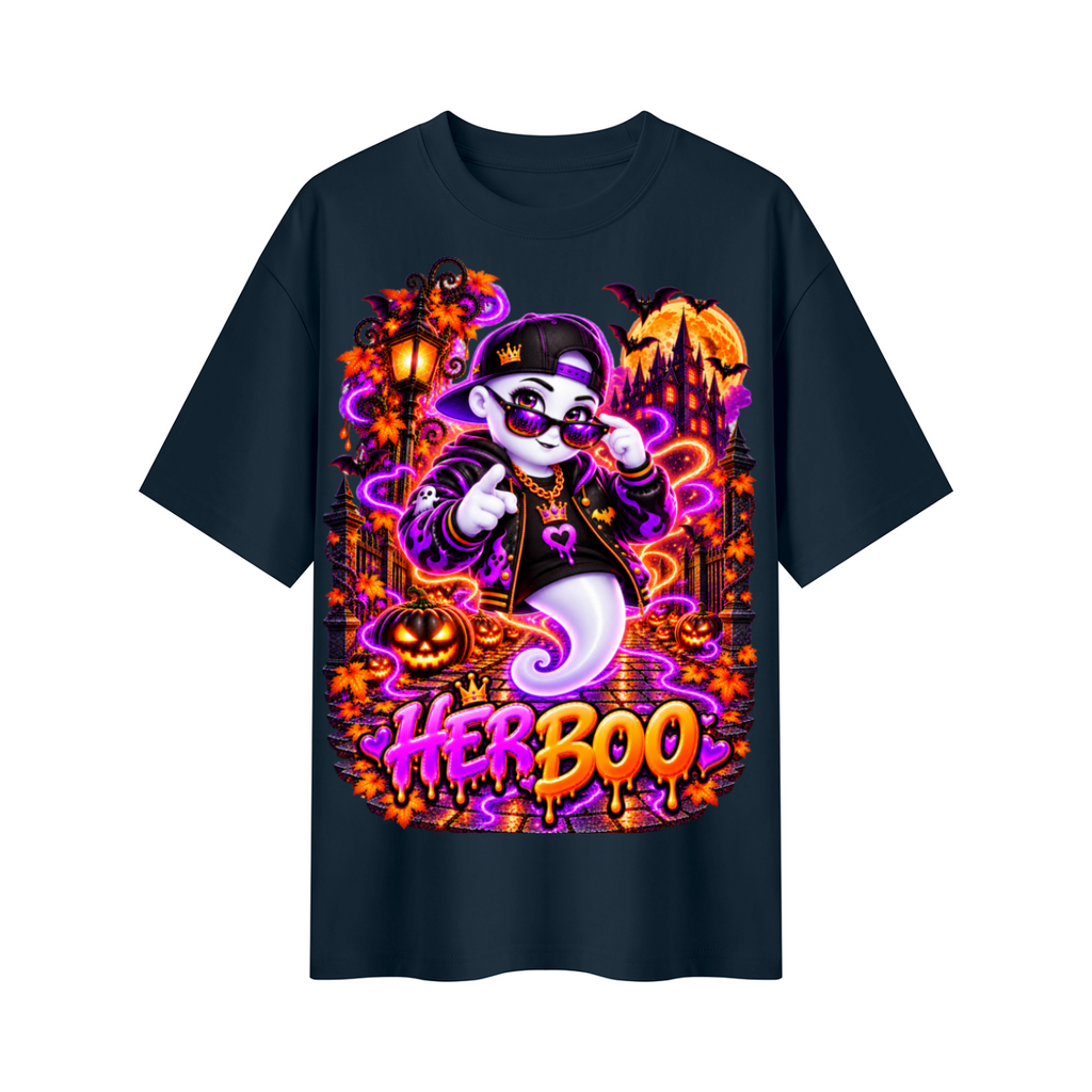 Halloween Her Boo Ghost Oversized Graphic T-Shirt - Couples Halloween Tee - Unisex