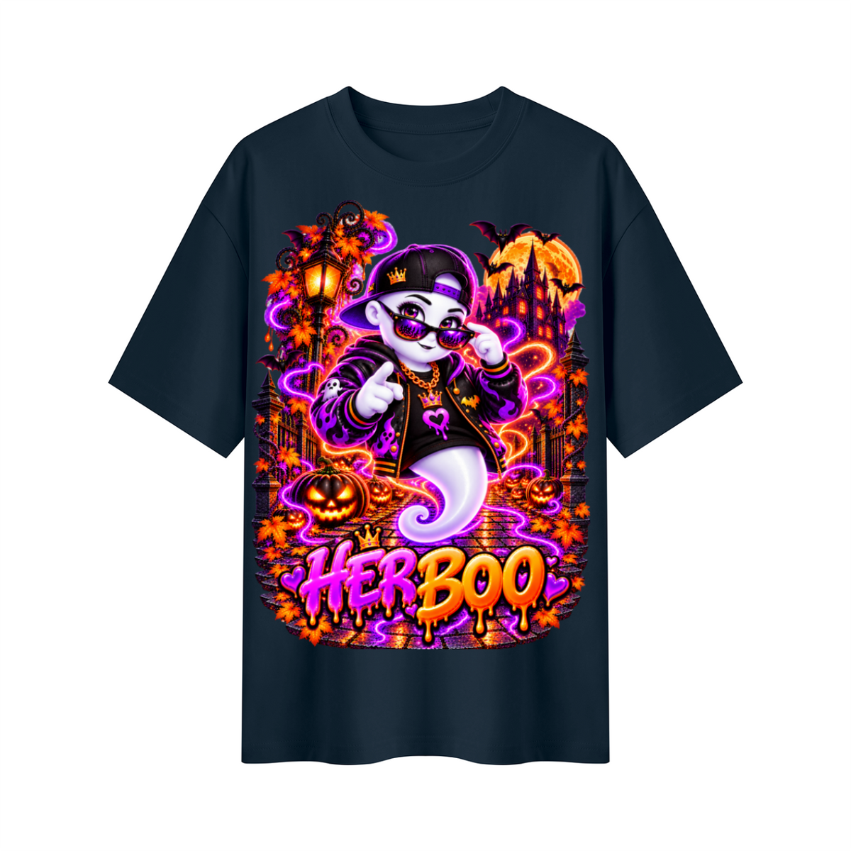 Halloween Her Boo Ghost Oversized Graphic T-Shirt - Couples Halloween Tee - Unisex