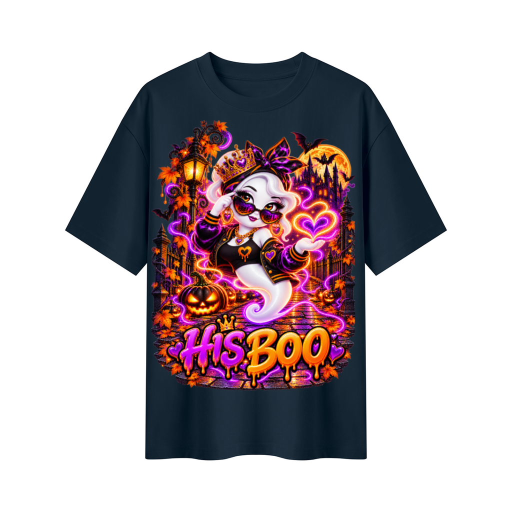 Halloween His Boo Ghost Oversized Graphic T-Shirt - Couples Halloween Tee - Unisex