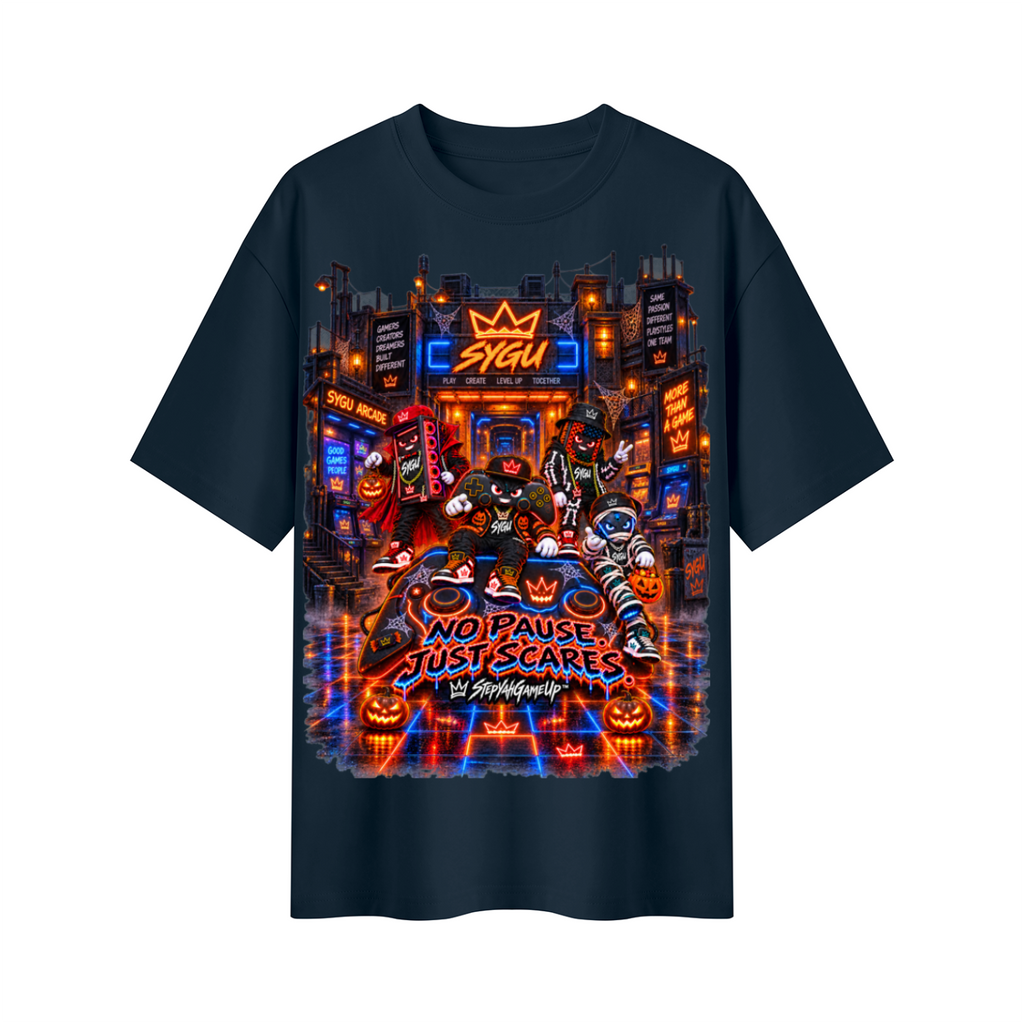 StepYahGameUp™ Halloween Gamer Oversized Graphic T-Shirt - No Pause Just Scares - Unisex