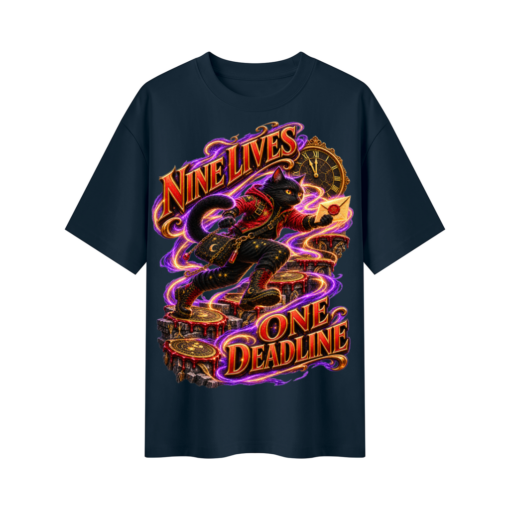 Halloween Nine Lives One Deadline Black Cat Oversized Graphic T-Shirt - Unisex