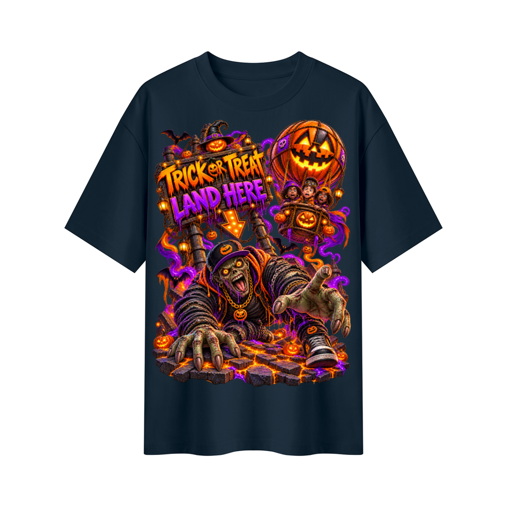 Halloween Trick or Treat Land Here Oversized Graphic T-Shirt - Wrong Place to Land - Unisex