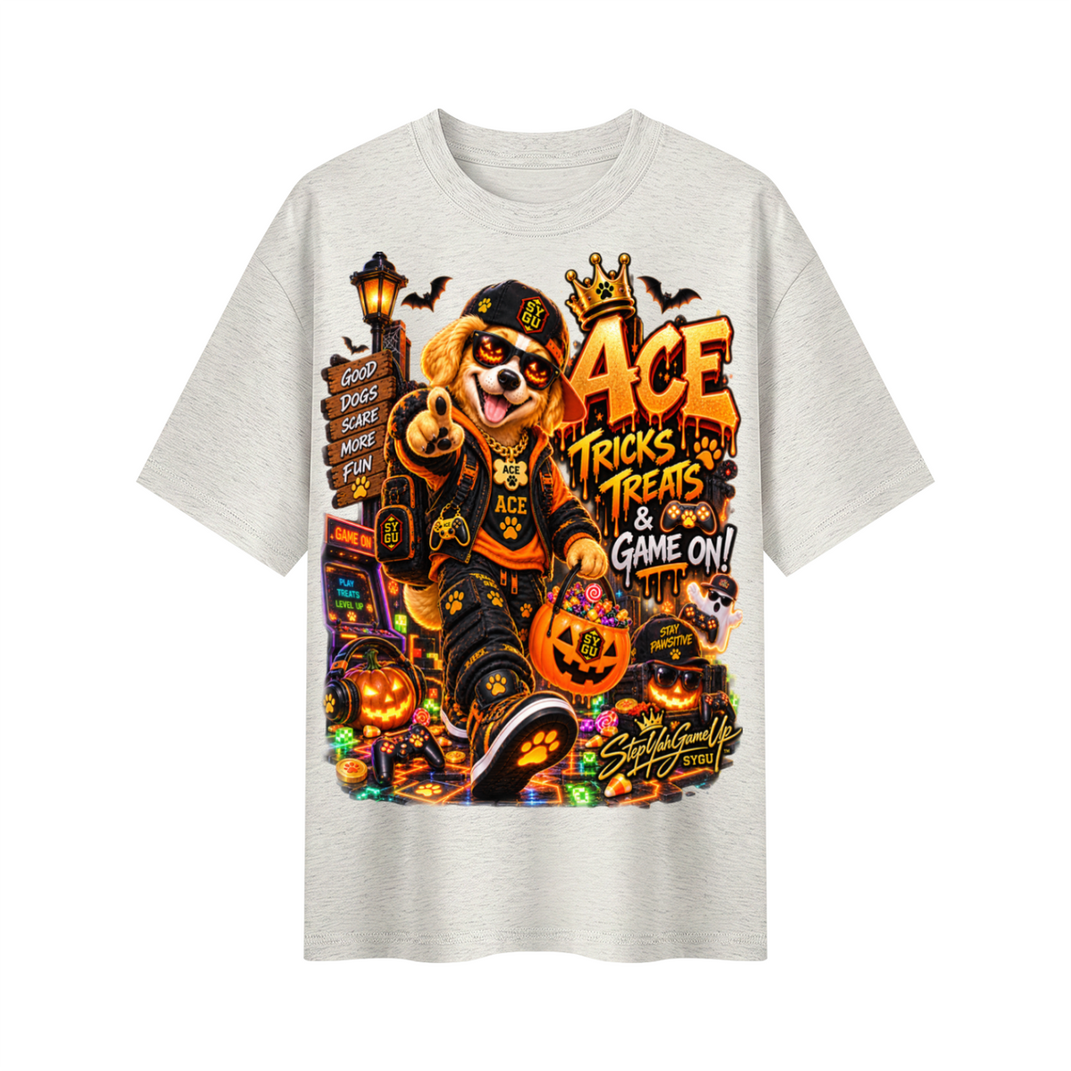 StepYahGameUp Halloween Gamer Oversized Graphic T-Shirt - Tricks, Treats & Game On! - Unisex