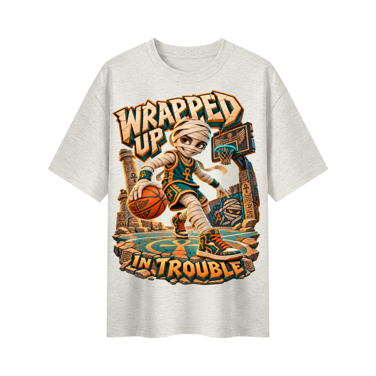 Halloween Mummy Basketball Oversized Graphic T-Shirt - Wrapped Up in Trouble - Unisex
