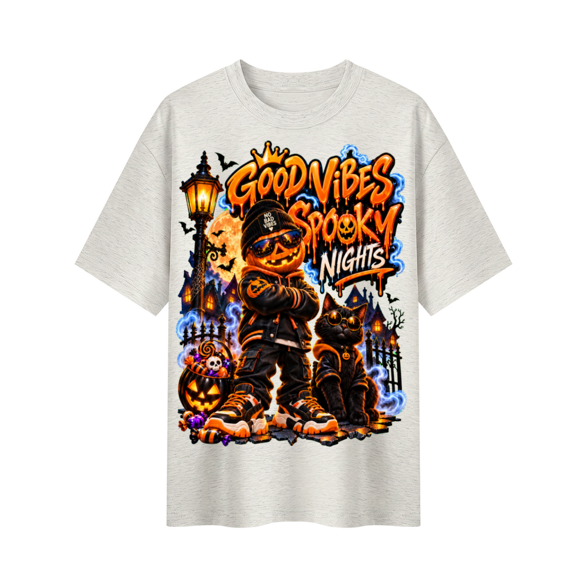 Halloween Pumpkin Kid Oversized Graphic T-Shirt - Good Vibes Spooky Nights - Unisex