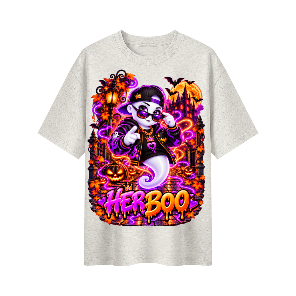 Halloween Her Boo Ghost Oversized Graphic T-Shirt - Couples Halloween Tee - Unisex