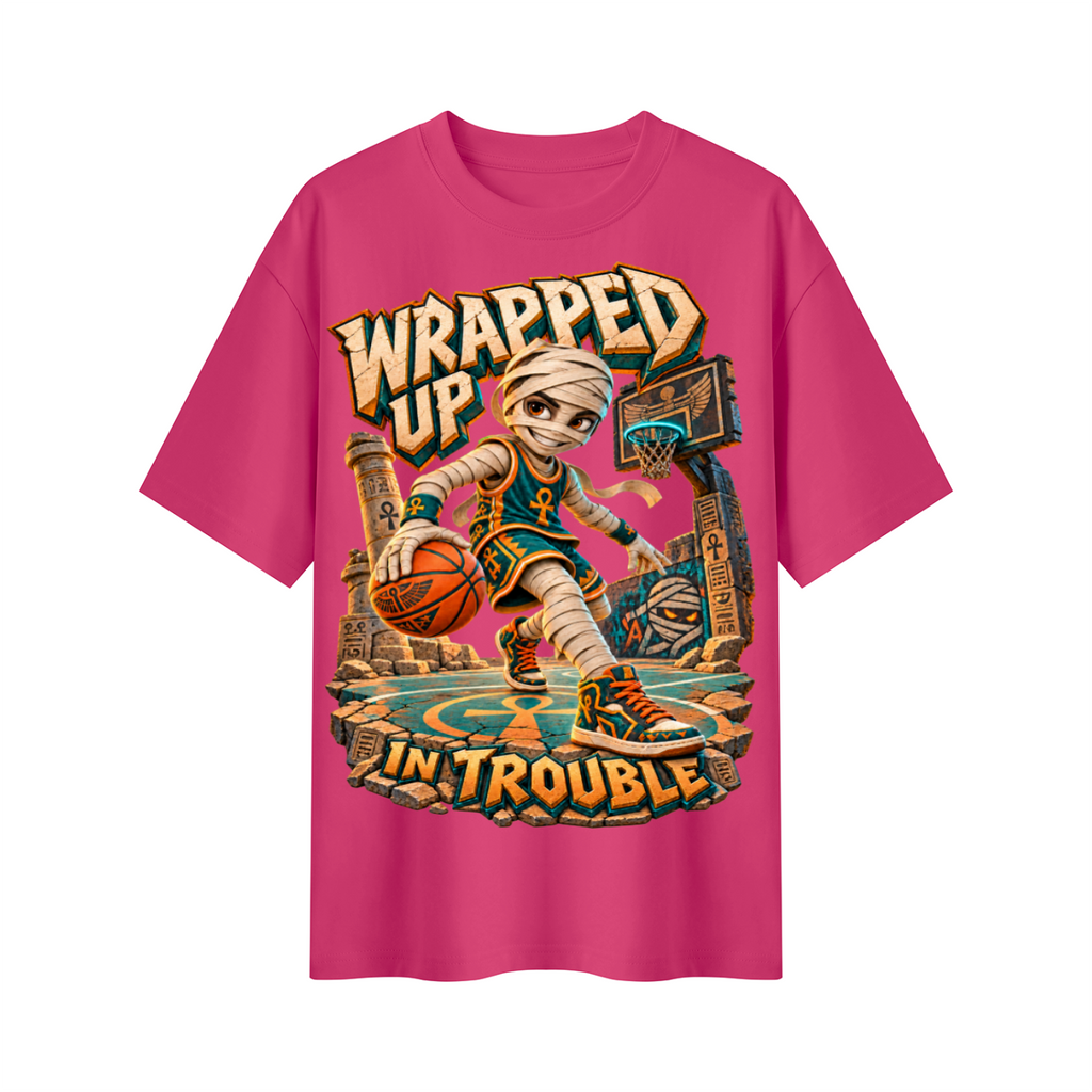 Halloween Mummy Basketball Oversized Graphic T-Shirt - Wrapped Up in Trouble - Unisex