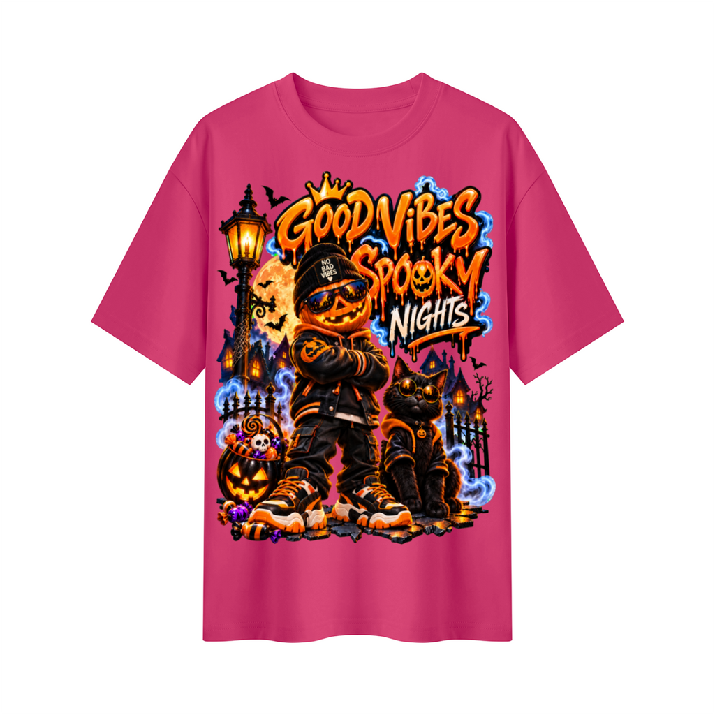 Halloween Pumpkin Kid Oversized Graphic T-Shirt - Good Vibes Spooky Nights - Unisex