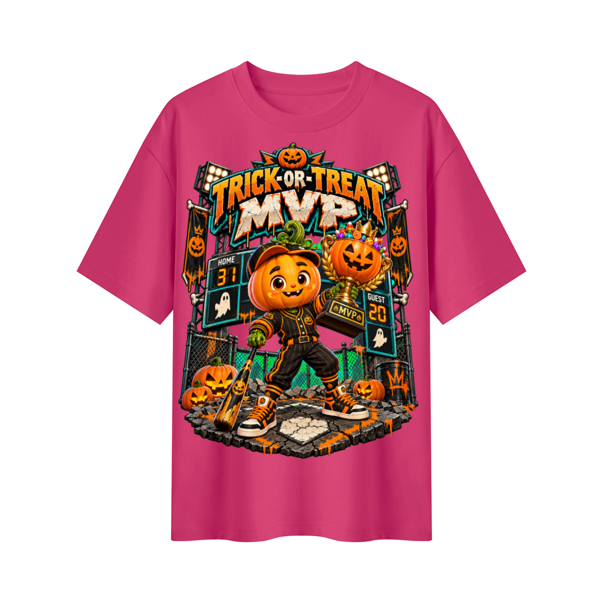 Halloween Pumpkin Baseball Oversized Graphic T-Shirt - Trick-or-Treat MVP - Unisex