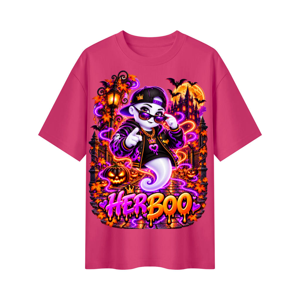 Halloween Her Boo Ghost Oversized Graphic T-Shirt - Couples Halloween Tee - Unisex