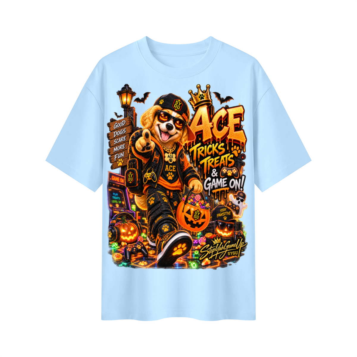StepYahGameUp Halloween Gamer Oversized Graphic T-Shirt - Tricks, Treats & Game On! - Unisex