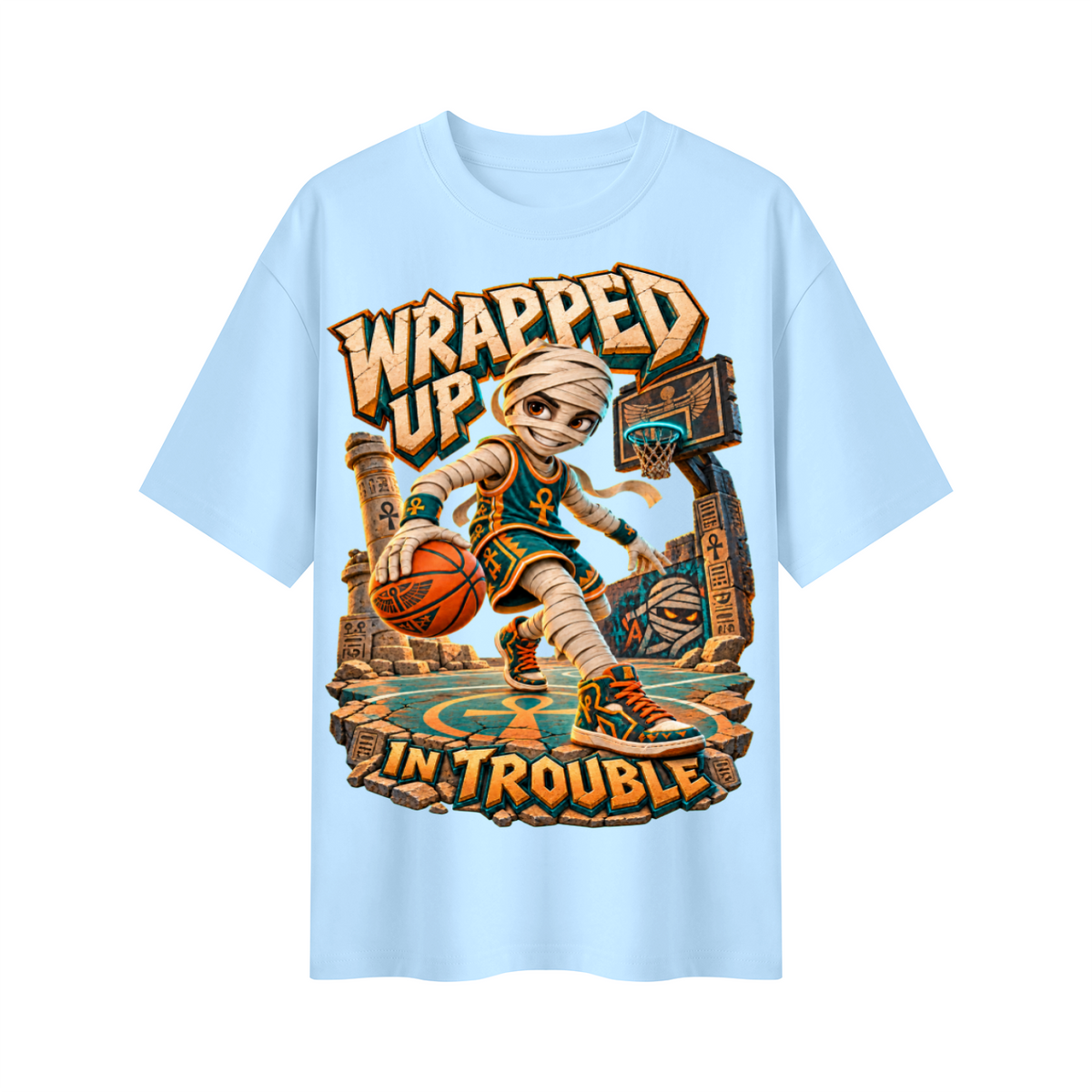 Halloween Mummy Basketball Oversized Graphic T-Shirt - Wrapped Up in Trouble - Unisex