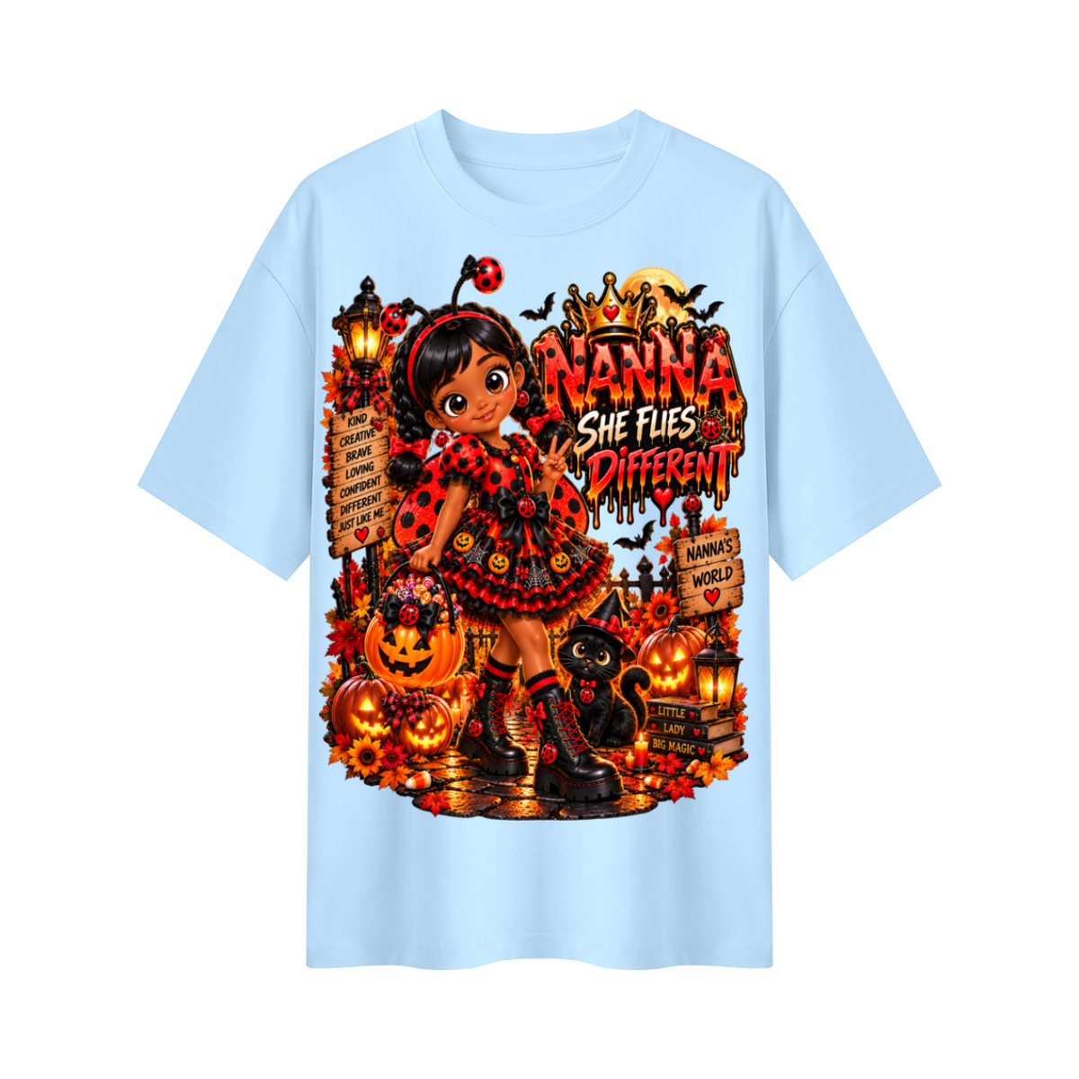 Nanna's World Dream Big Halloween Ladybug Girl Oversized Graphic T-Shirt - She Flies Different - Unisex