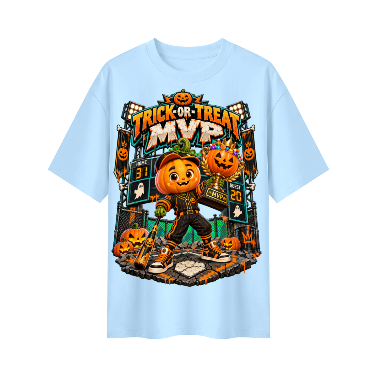 Halloween Pumpkin Baseball Oversized Graphic T-Shirt - Trick-or-Treat MVP - Unisex