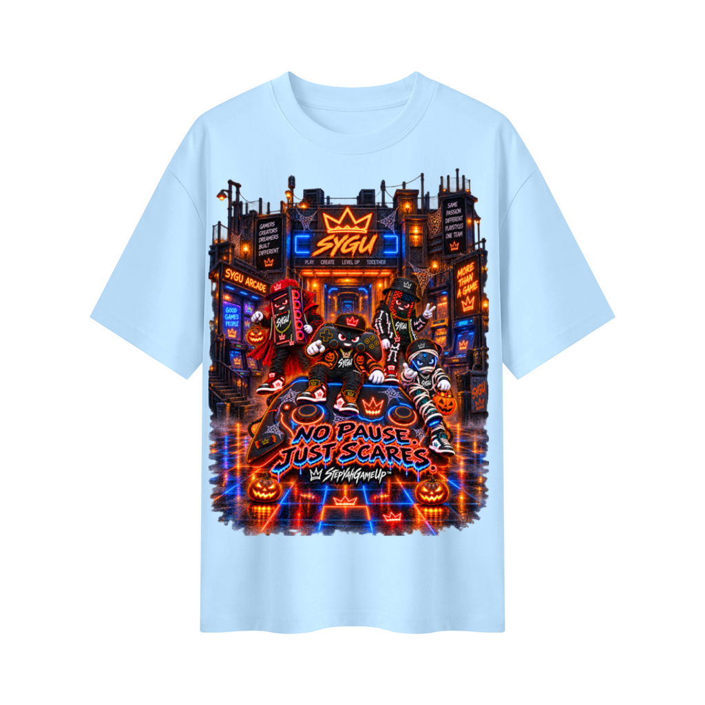 StepYahGameUp™ Halloween Gamer Oversized Graphic T-Shirt - No Pause Just Scares - Unisex