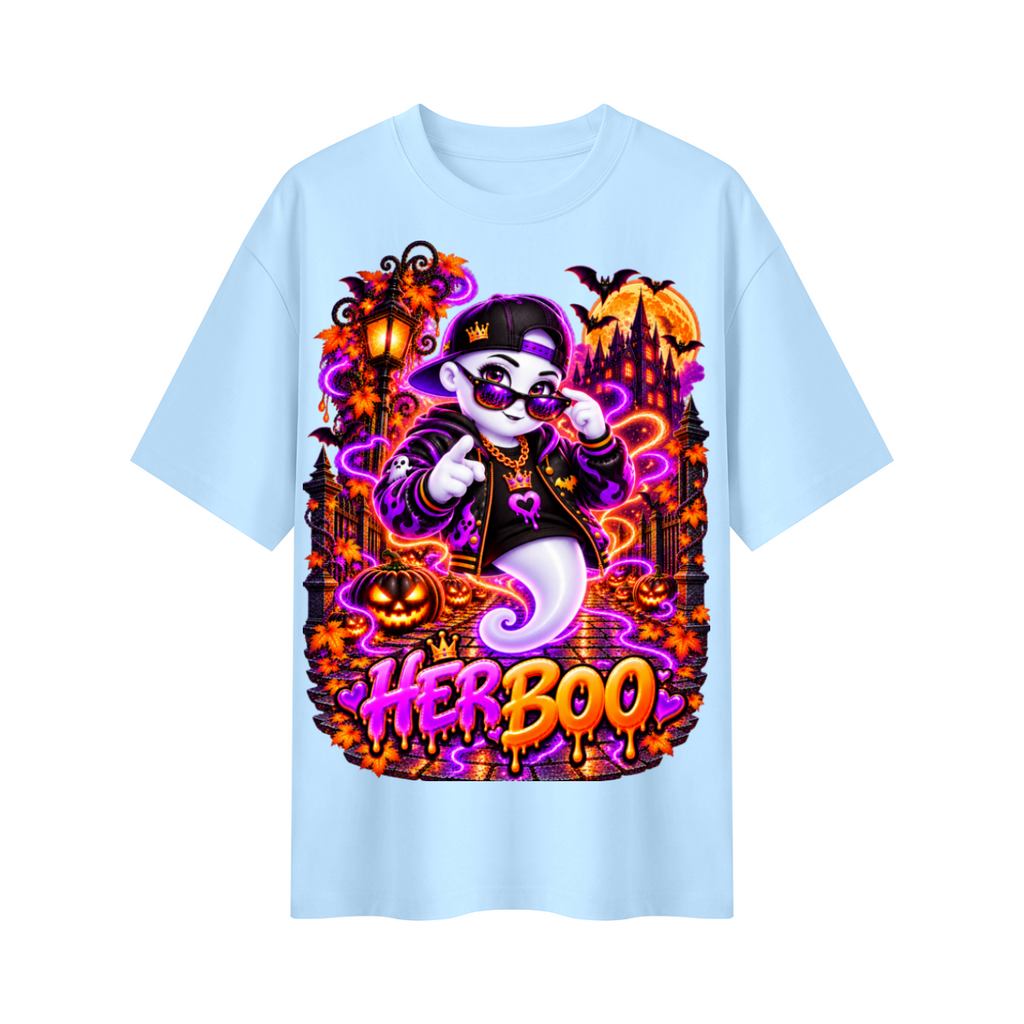 Halloween Her Boo Ghost Oversized Graphic T-Shirt - Couples Halloween Tee - Unisex