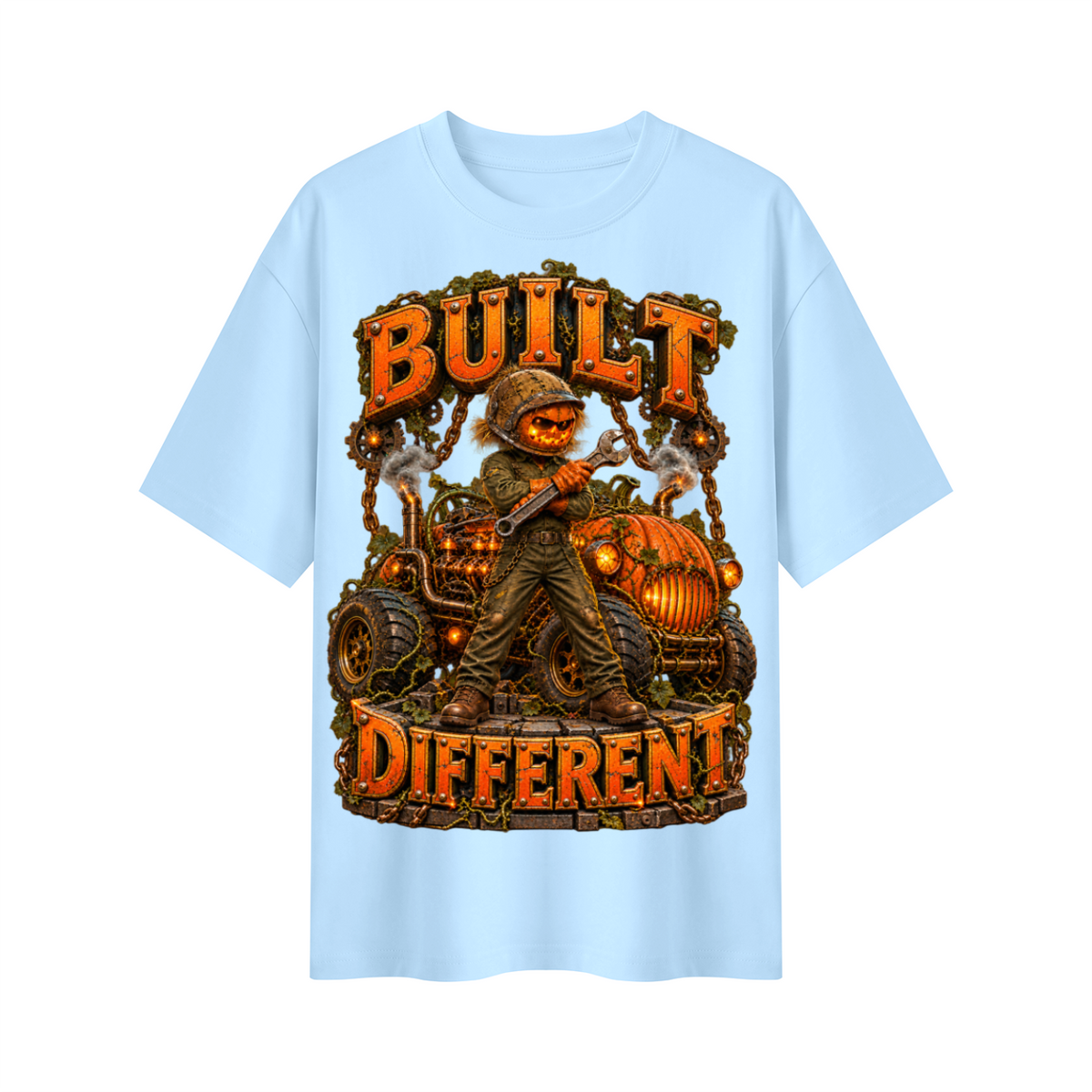 Halloween Built Different Pumpkin Mechanic Oversized Graphic T-Shirt - Unisex