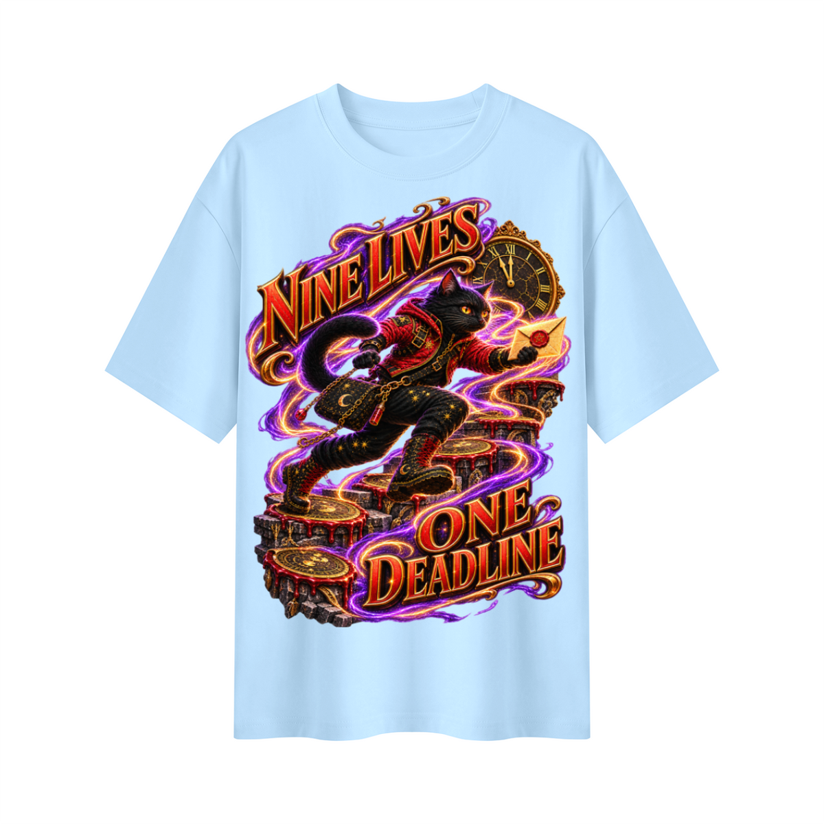 Halloween Nine Lives One Deadline Black Cat Oversized Graphic T-Shirt - Unisex