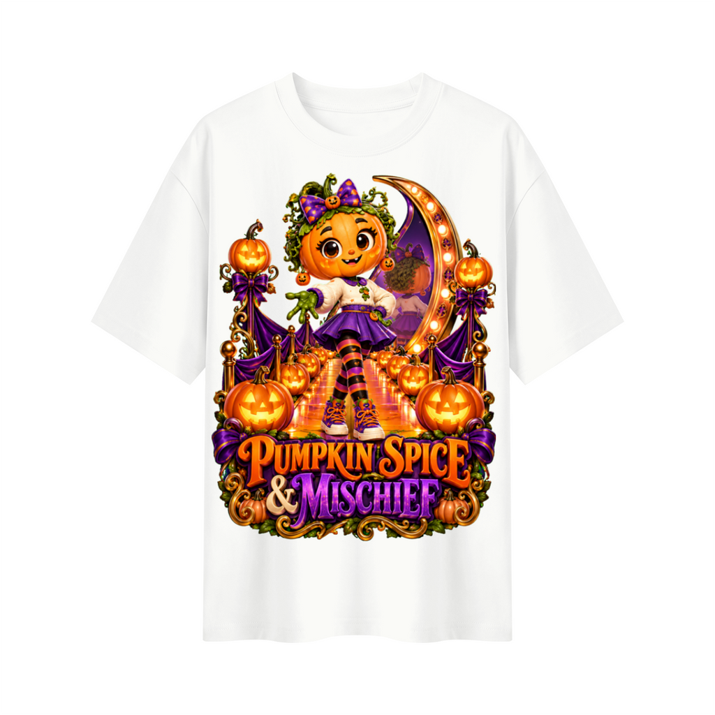 Halloween Pumpkin Girl Oversized Graphic T-Shirt - Pumpkin Spice & Mischief - Unisex