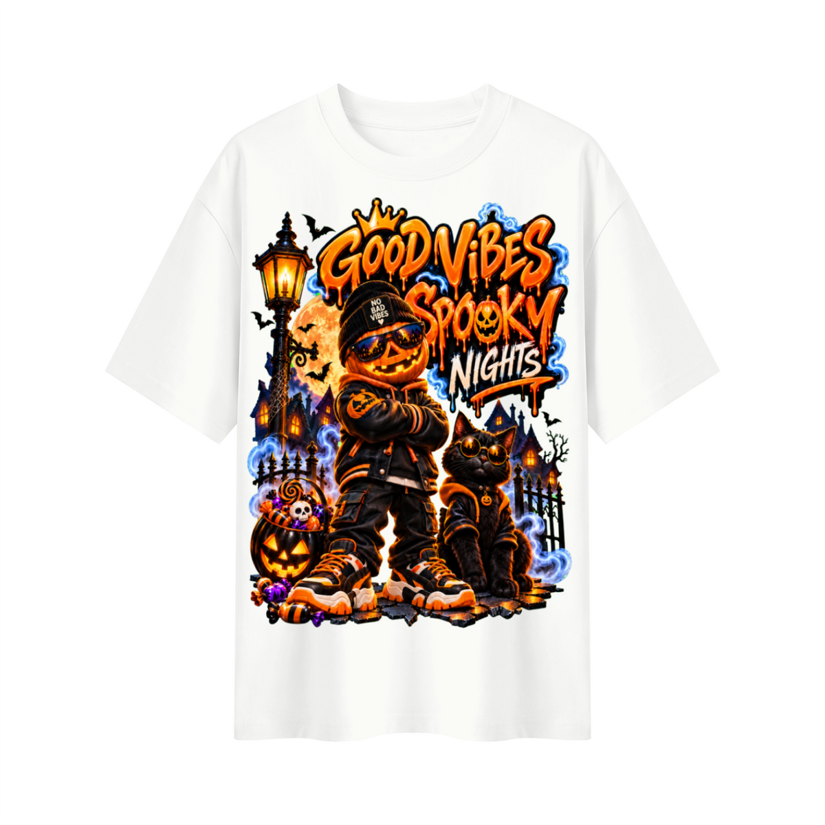 Halloween Pumpkin Kid Oversized Graphic T-Shirt - Good Vibes Spooky Nights - Unisex