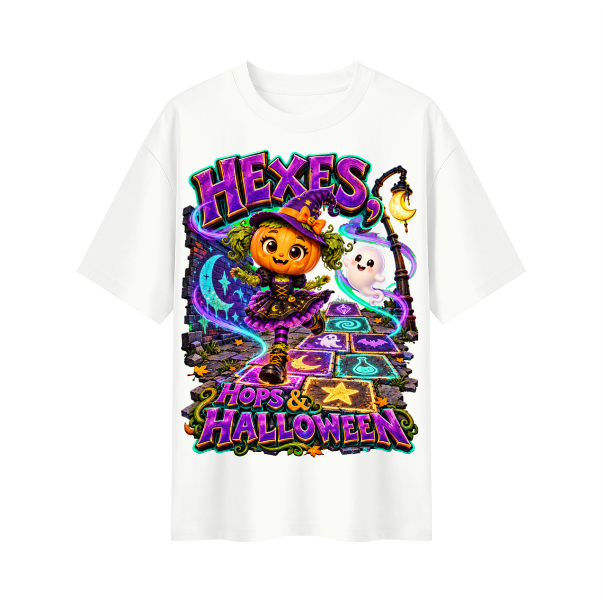 Pumpkin Witch Girl Oversized Graphic T-Shirt - Hexes, Hops & Halloween - Unisex