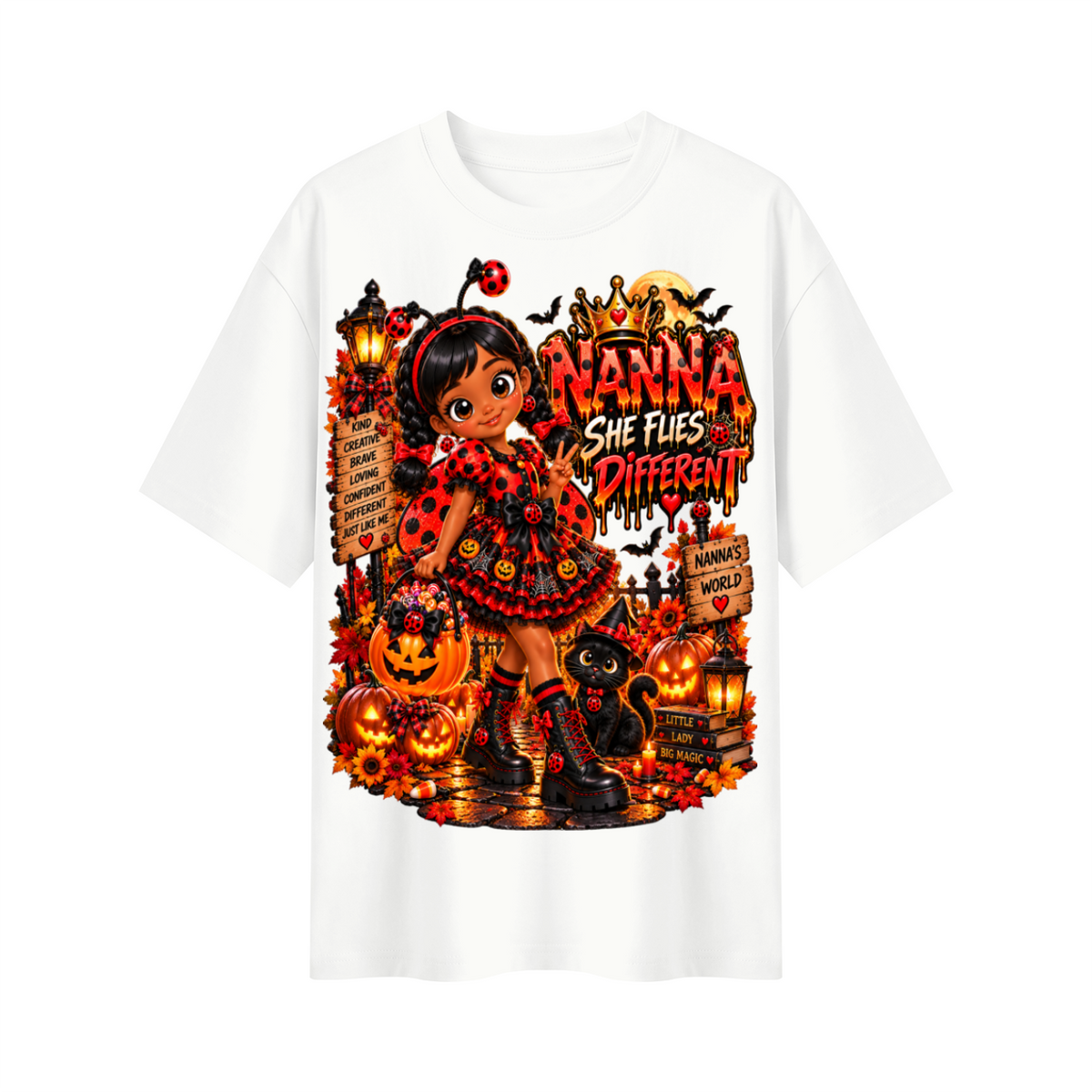Nanna's World Dream Big Halloween Ladybug Girl Oversized Graphic T-Shirt - She Flies Different - Unisex