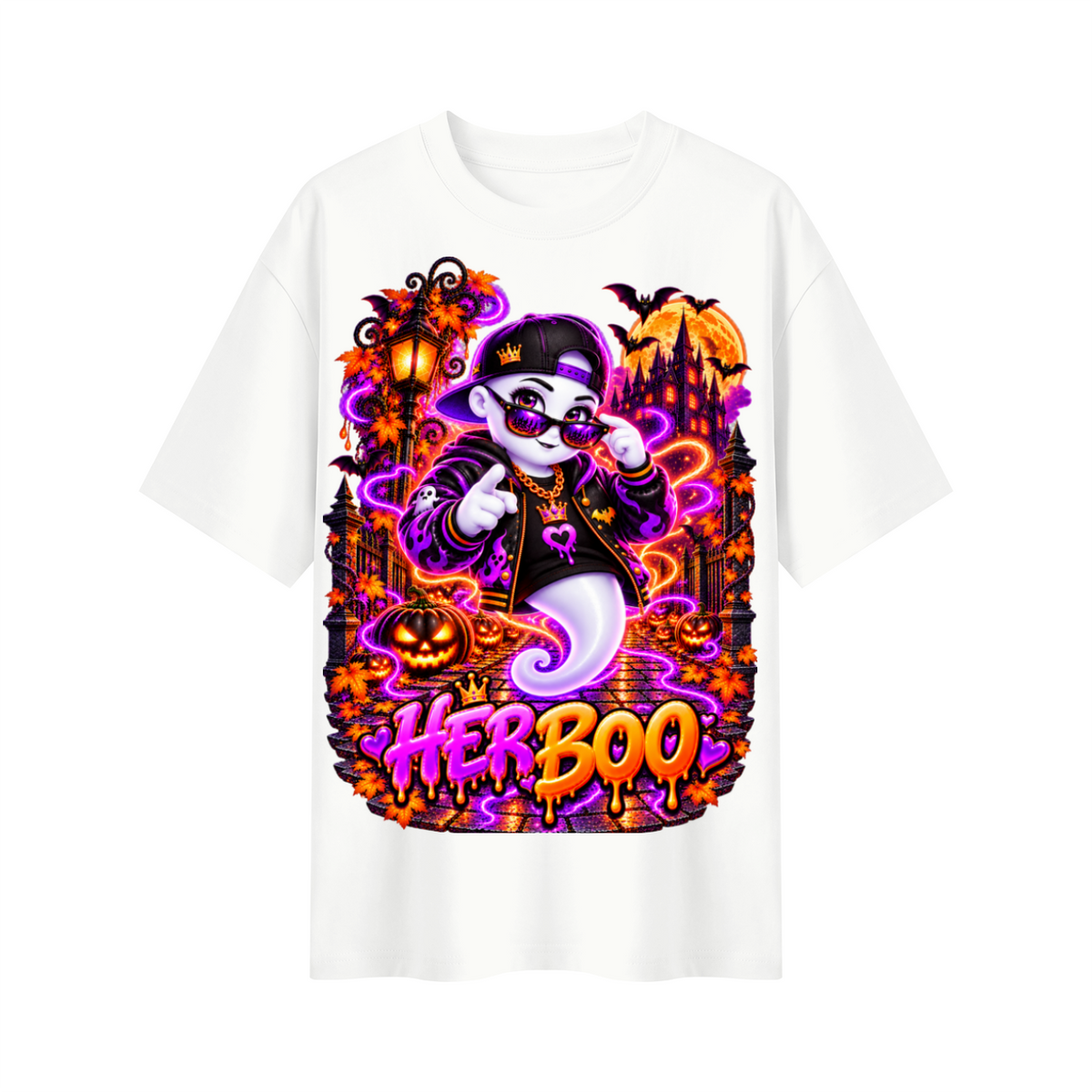 Halloween Her Boo Ghost Oversized Graphic T-Shirt - Couples Halloween Tee - Unisex