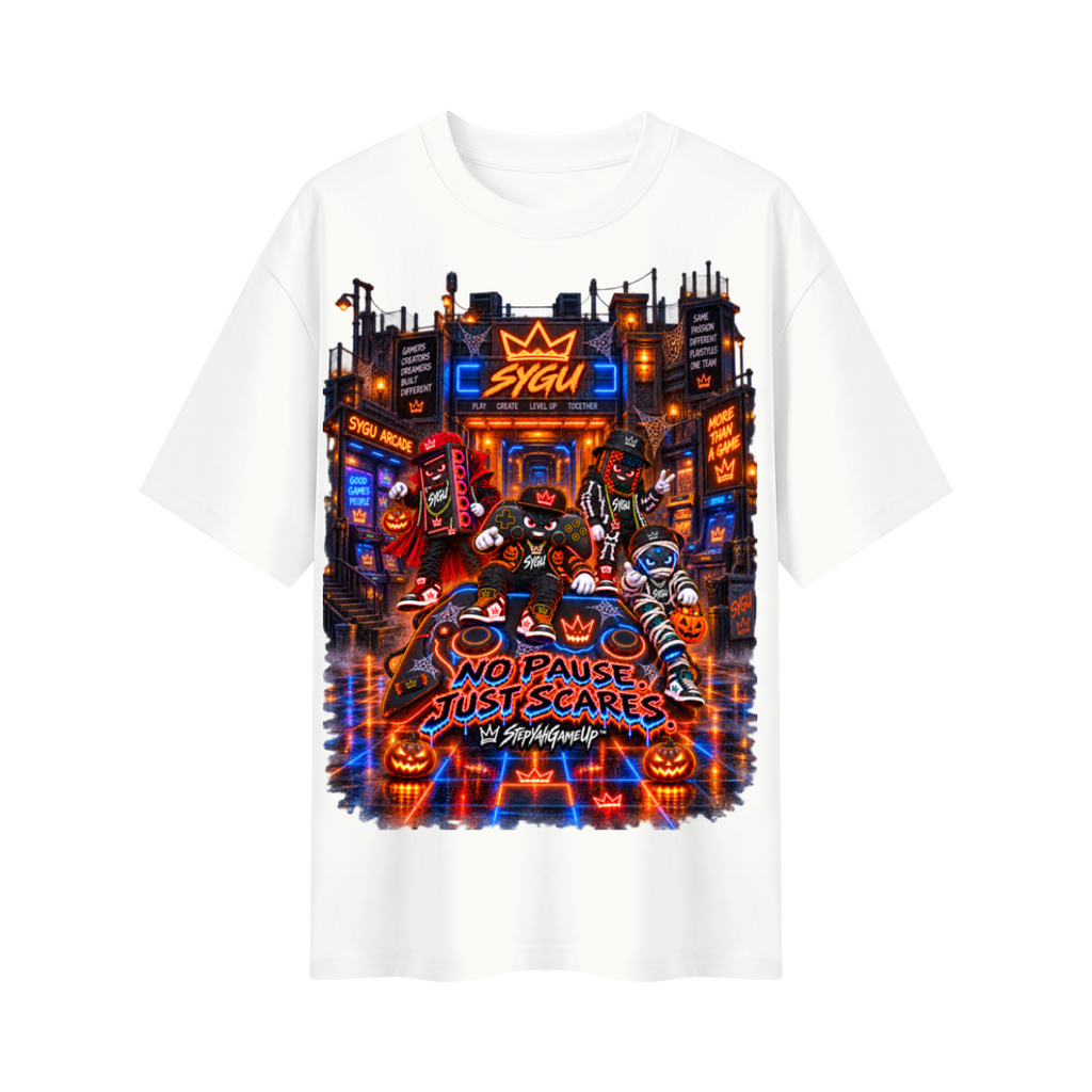 StepYahGameUp™ Halloween Gamer Oversized Graphic T-Shirt - No Pause Just Scares - Unisex