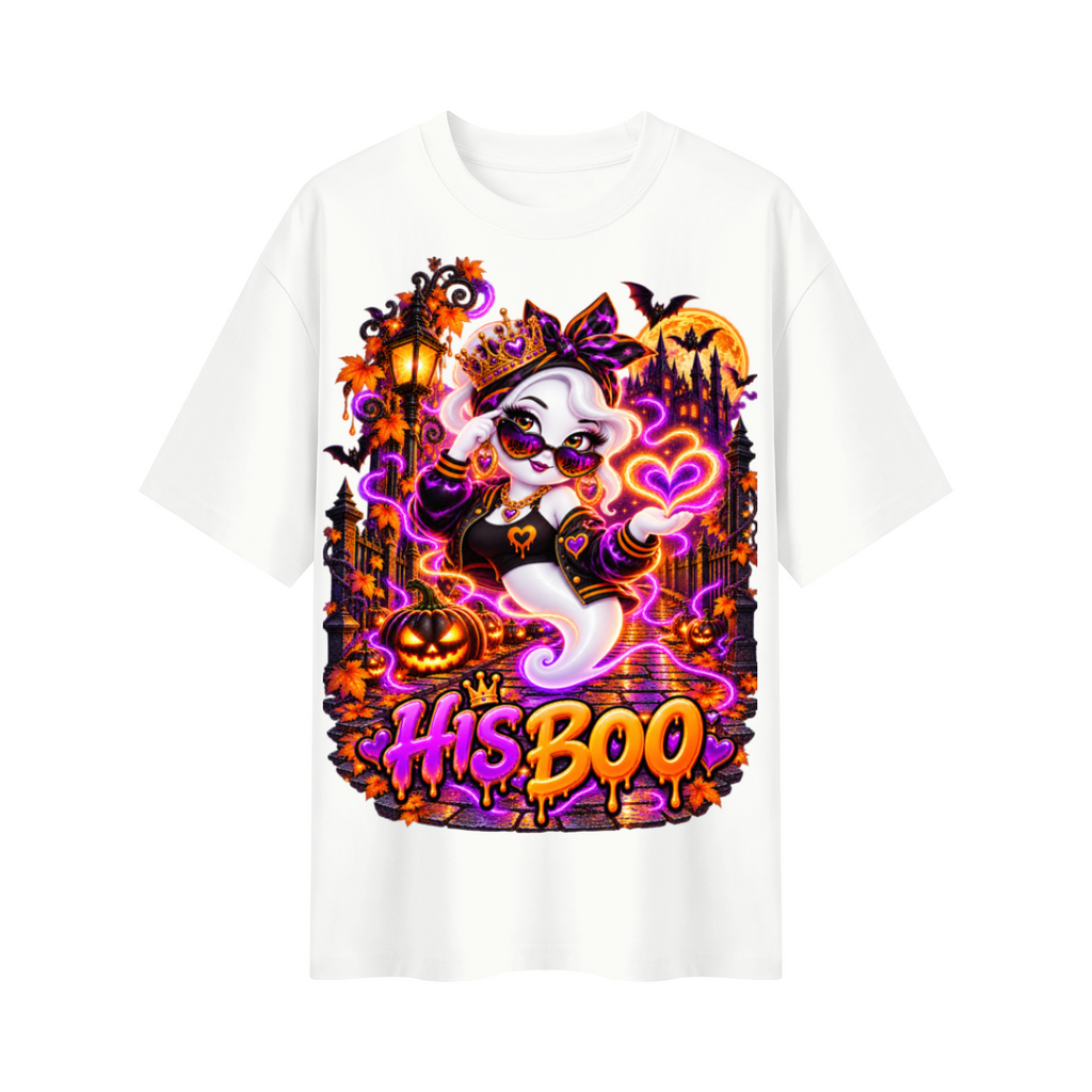 Halloween His Boo Ghost Oversized Graphic T-Shirt - Couples Halloween Tee - Unisex