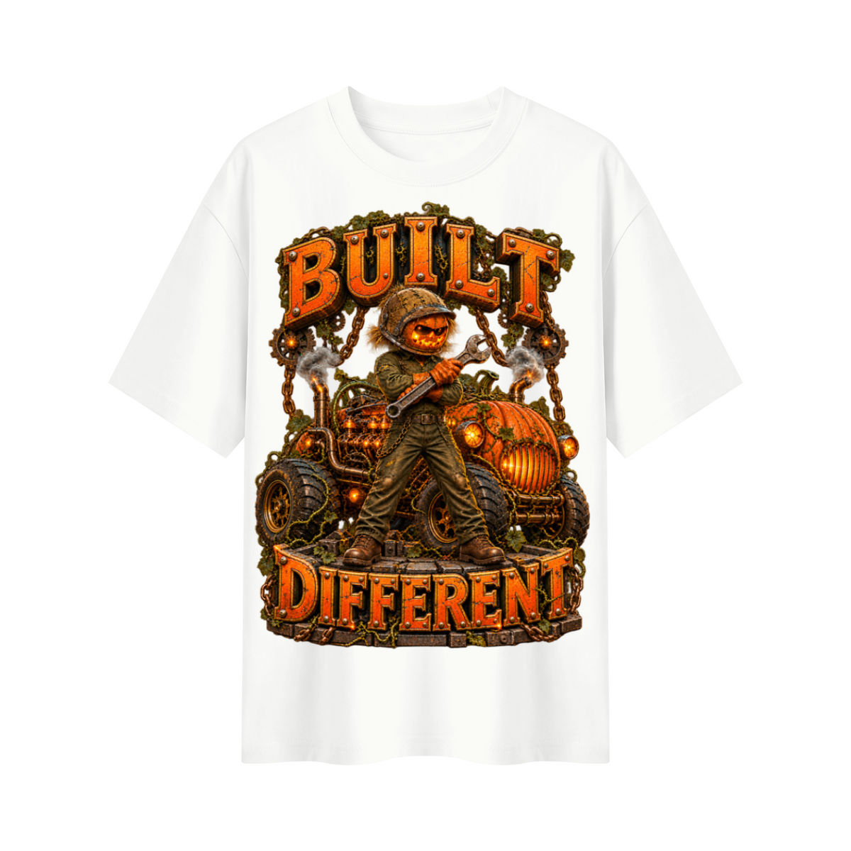 Halloween Built Different Pumpkin Mechanic Oversized Graphic T-Shirt - Unisex