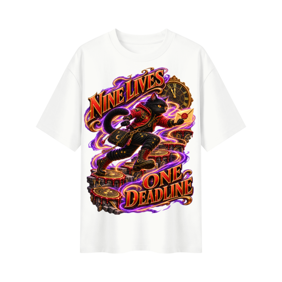 Halloween Nine Lives One Deadline Black Cat Oversized Graphic T-Shirt - Unisex