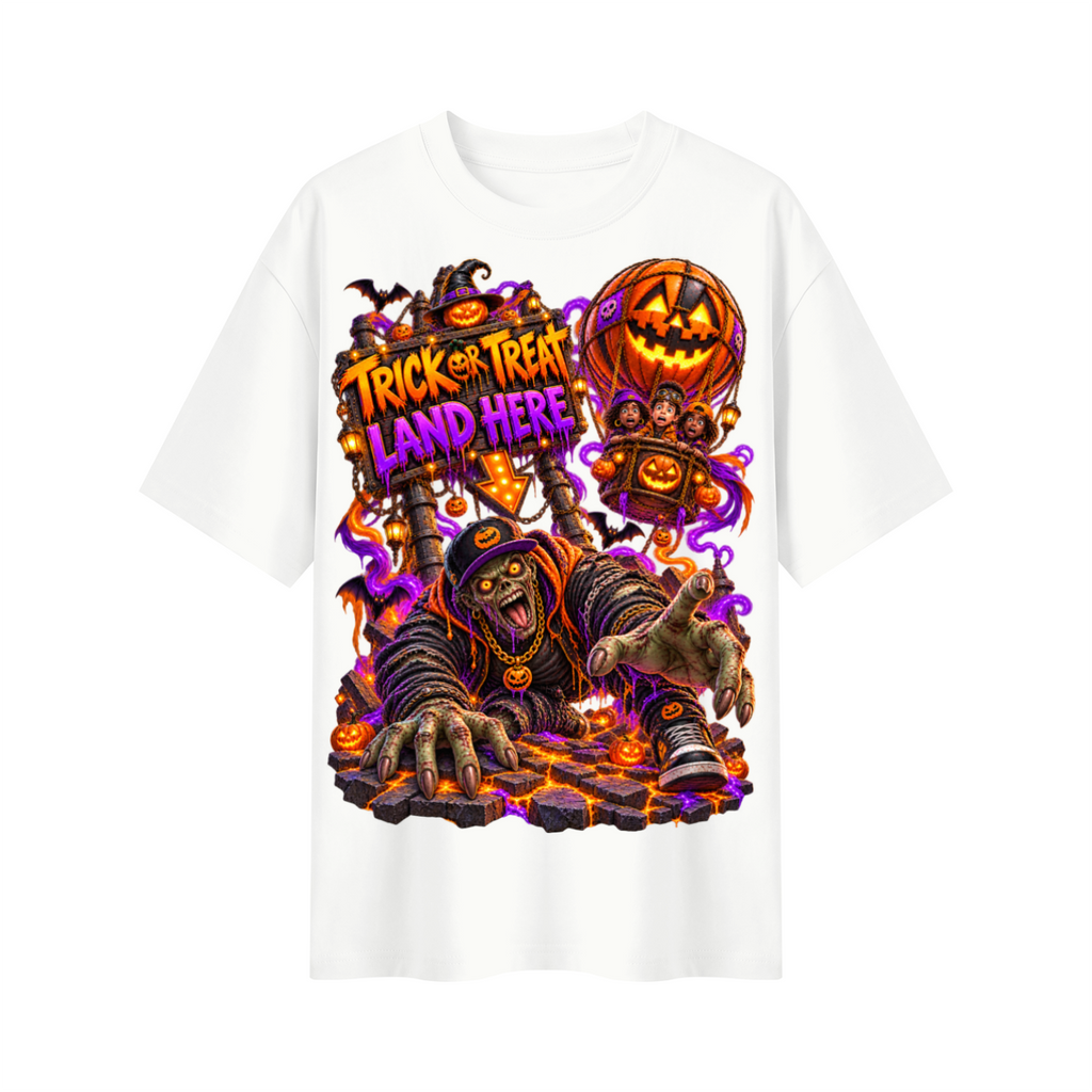 Halloween Trick or Treat Land Here Oversized Graphic T-Shirt - Wrong Place to Land - Unisex
