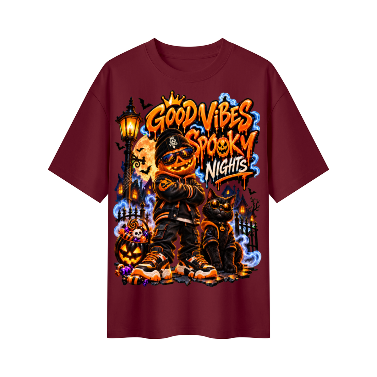 Halloween Pumpkin Kid Oversized Graphic T-Shirt - Good Vibes Spooky Nights - Unisex