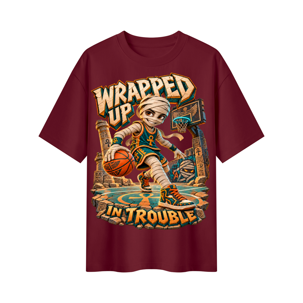 Halloween Mummy Basketball Oversized Graphic T-Shirt - Wrapped Up in Trouble - Unisex